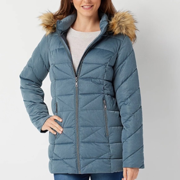 NWT NUAGE Stretch Diagonal Quilted Coat w/Removable Hood Soft Blue Medium - Picture 2 of 8